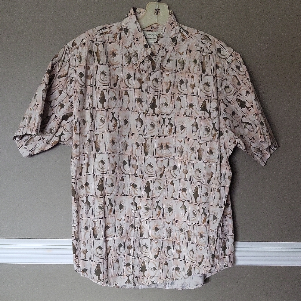Crossings Men's Beige Patterned Fish  Shirt Size Medium